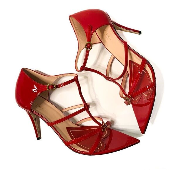 Gucci Double G Patent Leather High Heel Sandals EU 39.5 US 9.5 Strappy Red Pumps - Picture 6 of 9